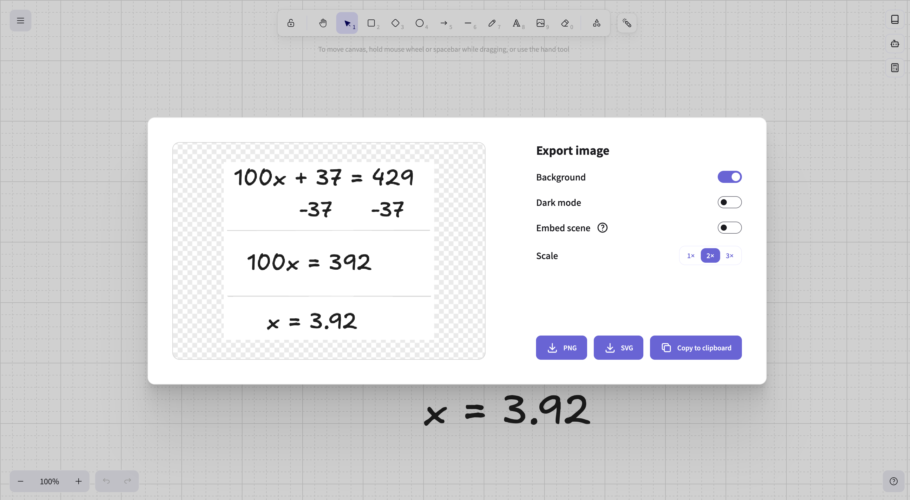 MathBoard export dialog showing a clean shareable image preview of the solved board.