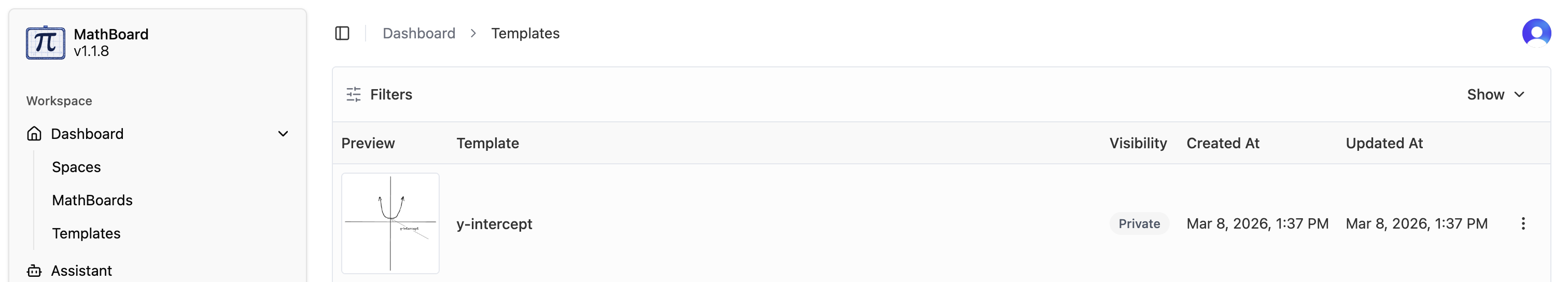 MathBoard templates view showing reusable lesson templates in a wide library layout.